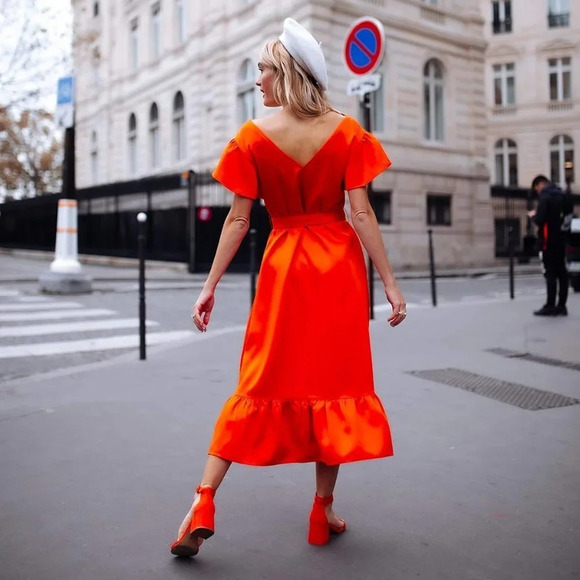 The Drop "NEW" Cherry Tomato Flutter Sleeve Tie Waist Pull On Midi Dress Size M - Picture 2 of 11